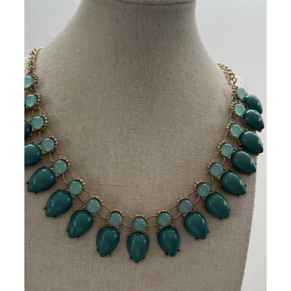 Women's Blue Water Drop Charm Beaded Gold Chain Pendant Necklace Sz 21”